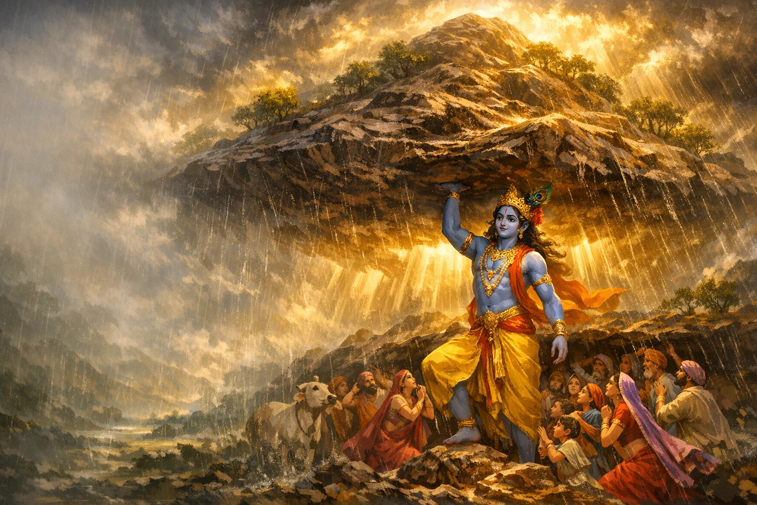 Krishna Lifts Govardhan to Humble Indra